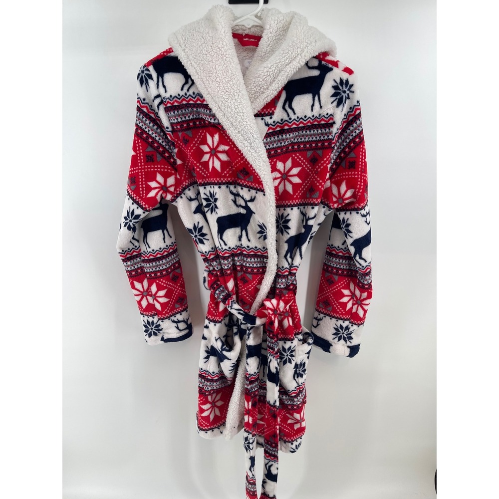 Secret Treasures Robe Women M Red Fair Isle Reindeer Hooded Plush Excellent